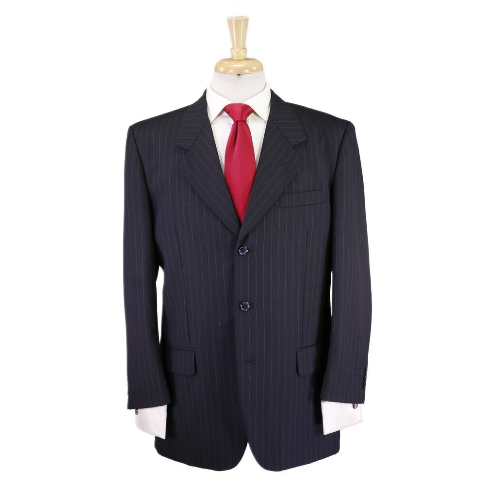 Gianni Versace Vintage Mens Navy Blue Pinstripe 3-Btn Wool Suit 38R